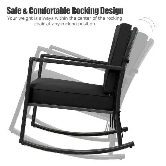Patio Rattan Rocker Outdoor Glider Rocking Chair Cushion Lawn Black {5}