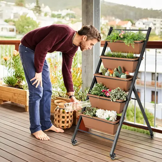Costway 5-Tier Vertical Raised Garden Bed Elevated Planter with Wheels & Container Boxes Brown {4}