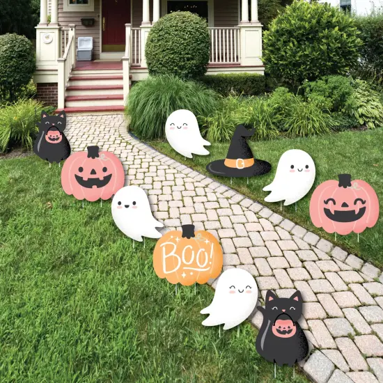 Big Dot of Happiness Pastel Halloween - Ghost, Pumpkin, Cat and Hat Lawn Decorations - Outdoor Pink Pumpkin Party Yard Decorations - 10 Piece {1}