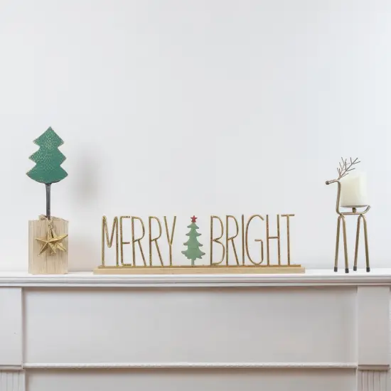 Northlight Metal Tree with Stars and Chunky Wooden Base Christmas Decoration - 16.75" - Green {4}