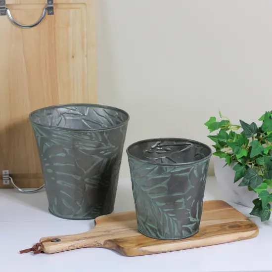 Allstate Set of 2 Patina Leaf Motif Planter Buckets 11" Green {3}