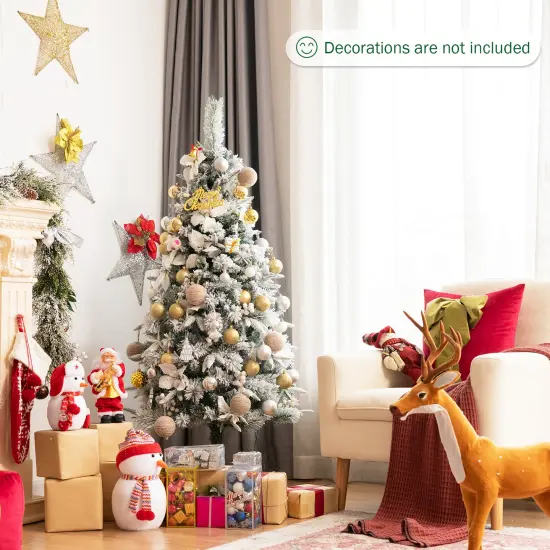 Costway 5ft/6ft/7ft/8ft Snow Flocked Christmas Pencil Tree w/ Berries & Poinsettia Flowers {8}