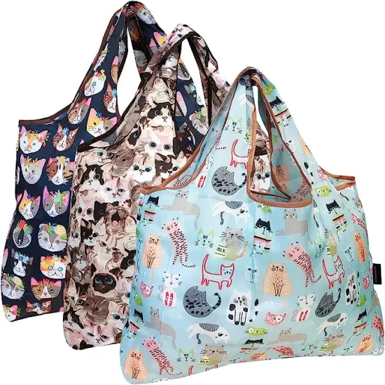 Wrapables Large Foldable Tote Nylon Reusable Grocery Bag, 3 Pack Cat Lovers {1}