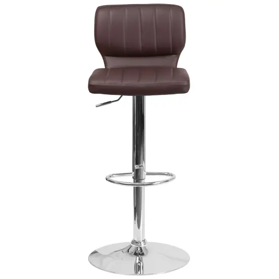 Merrick Lane Set of Two Swivel Bar Stools with Vertical Stitched Back and Adjustable Chrome Base with Footrest Brown Vinyl {2}