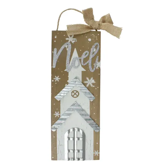 Northlight 12.5 White Church and Snowflakes with Metal Noel Wooden Christmas Wall Decoration Brown {1}