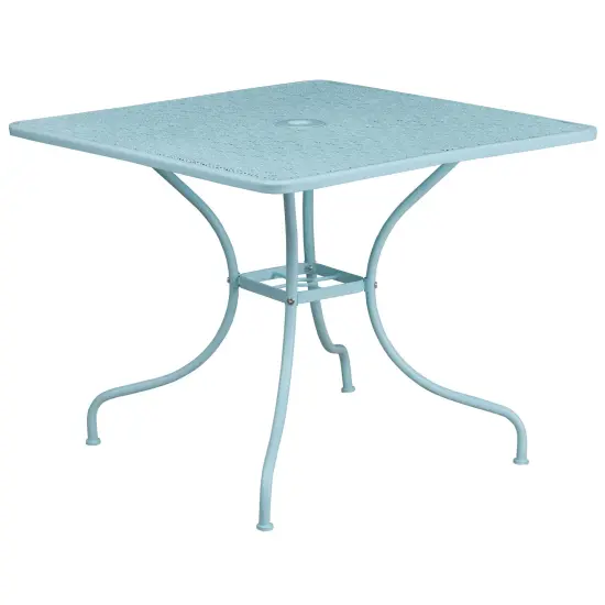 Emma and Oliver Commercial Grade 35.5" Square Colorful Metal Garden Patio Table with Umbrella Hole Light Gray {4}