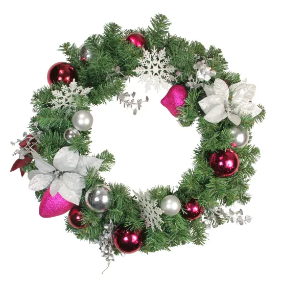 Northlight Poinsettia and Snowflake Artificial Christmas Wreath - 24" - Pink and White - Unlit {1}