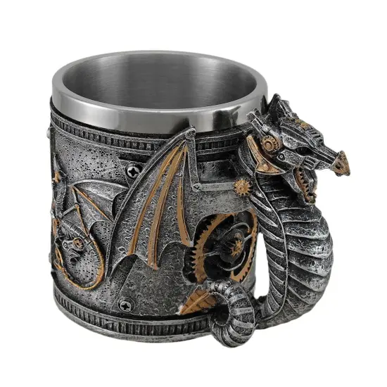 Steampunk Geared Dragon Stainless Steel Lined Silvered Tankard {1}