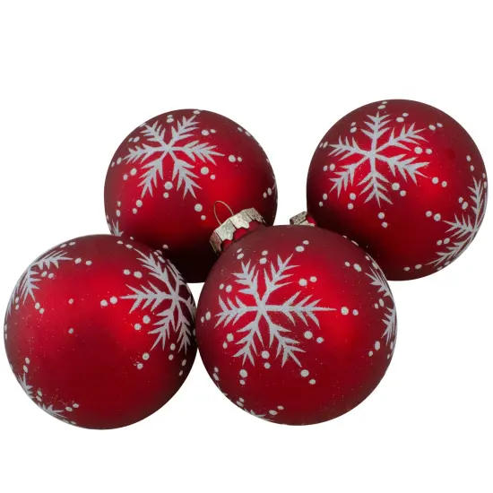 Northlight Glittered Snowflakes Matte Finish Glass Ball Christmas Ornaments - 3" (75mm) - Red - 4ct {1}