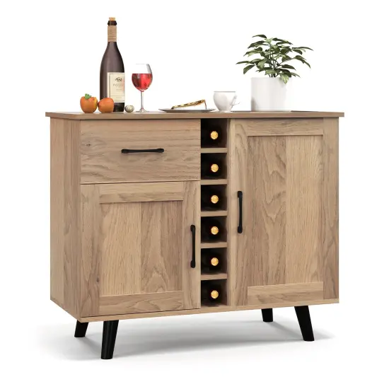 Costway 2-Door Wine Bar Cabinet Kitchen Sideboard Buffet with Drawer & Adjustable Shelves Black/Natural {1}