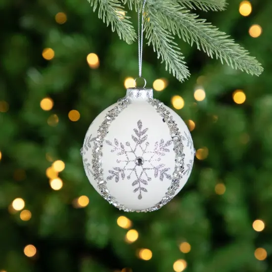 Northlight Set of 2 Matte White Sequin Glitter Snowflake Glass Christmas Ornaments 4" {3}