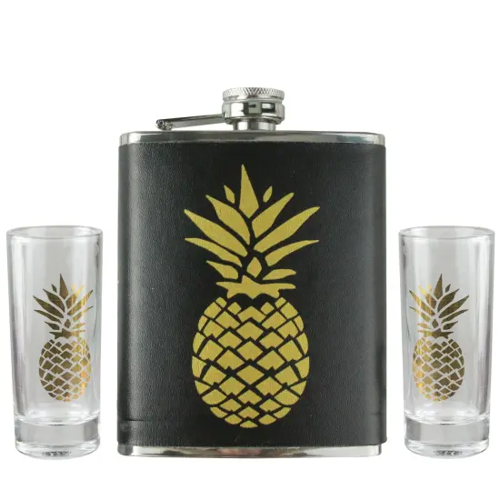 Wild Eye 3-Piece Black and Metallic Gold Tropical Pineapple Flask and Shot Glass Set {1}