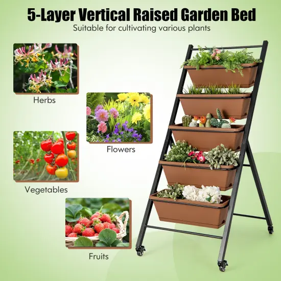 Costway 5-Tier Vertical Raised Garden Bed Elevated Planter with Wheels & Container Boxes Brown {6}