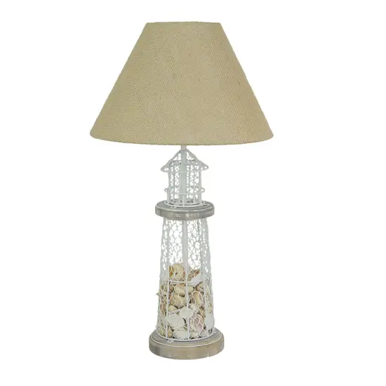 White and Grey Metal Real Seashell Lighthouse Table Lamp with Burlap Shade {1}