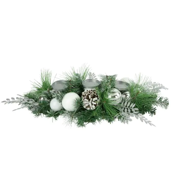Northlight 30" Green Pine and Needle Triple Candle Holder with Pinecones and Christmas Ornaments White {1}