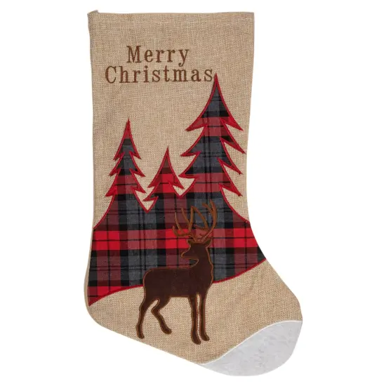 Northlight 19" Beige and Red Plaid Reindeer With Forest Trees Christmas Stocking {1}