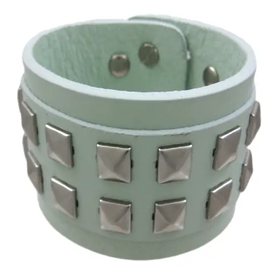 Gray Leather 2 Row Pyramid Studded Wristband Wrist Band {1}