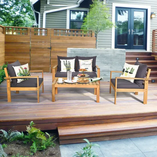 4 Piece Outdoor Acacia Wood Chat Set with Removable Cushions and Table Grey {6}