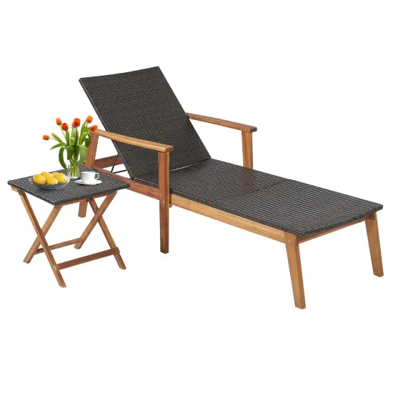 Costway 2PCS&nbsp;Patio&nbsp;Rattan&nbsp;Lounge&nbsp;Chair&nbsp;Chaise Recliner Wood Back Adjust W/Folding&nbsp;Table {2}