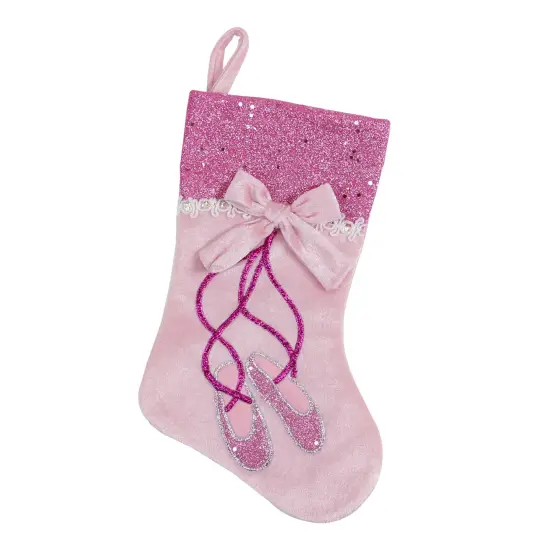Northlight 14" Pink and Silver Ballerina Shoes Christmas Stocking with Glitter Cuff and Bow {1}