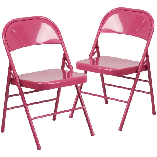 Emma and Oliver 2 Pack Home & Office Colorful Metal Folding Chair Teen and Event Seating Shockingly Fuchsia {1}