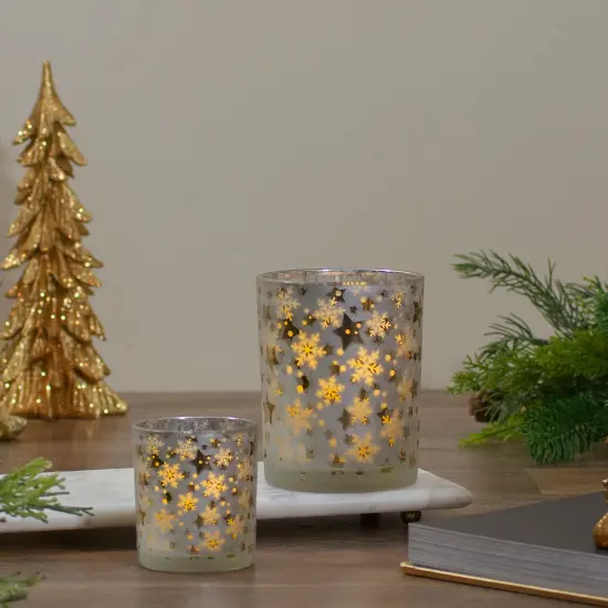 Northlight 3" Matte Silver and Gold Stars and Snowflakes Flameless Glass Candle Holder {3}