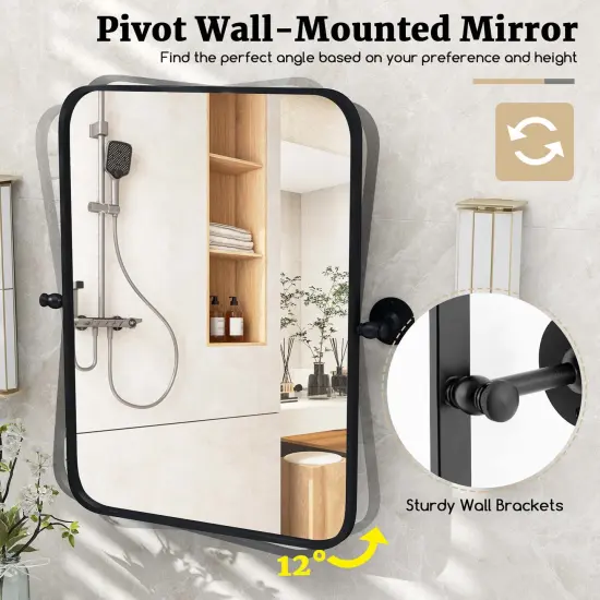 Costway 30 x 22 Inch Black Metal Framed Pivot Rectangle Wall-Mounted Mirror Black {6}