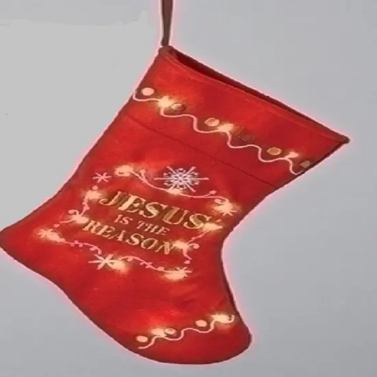 Roman 12.5" Pre-Lit Red and Gold LED 'Jesus Is the Reason' Christmas Stocking {1}