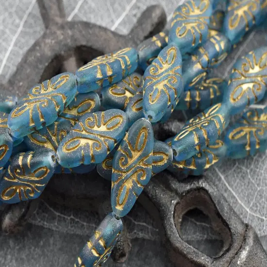 *9* 19x9mm Gold Washed Matte Teal Blue Arabesque Beads {4}