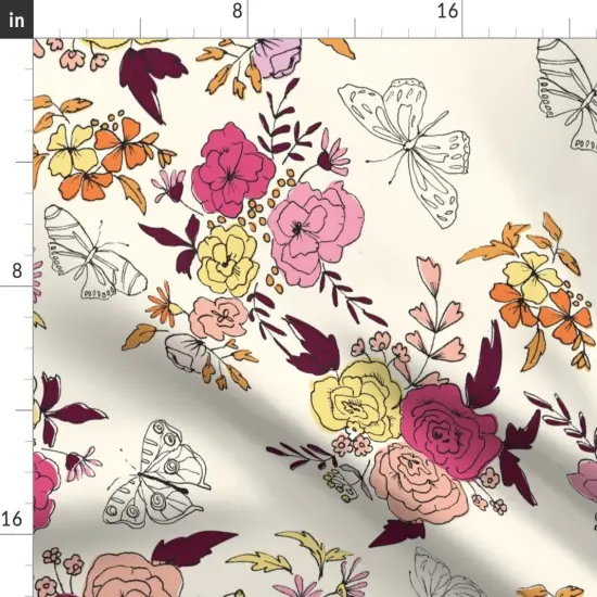 Various Fabrics by the Yard or Fat Quarter Pink Cream Yellow Butterflies Floral Orange Rose Daisy Crimson Sketchbook Hand Drawn Large Scale Botanical Kitsch Custom Printed Fabric by Spoonflower {2}