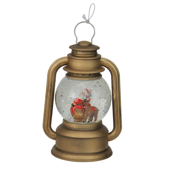 Roman 8" LED Lighted Santa and Sleigh Christmas Lantern Snow Globe Gold {1}