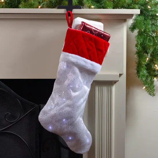 Northlight 22.25" LED Lighted White Iridescent Glittered Christmas Stocking with Red Cuff {3}