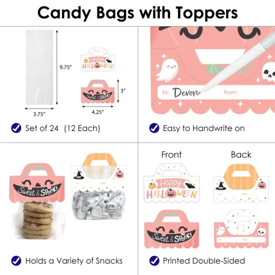 Big Dot of Happiness Pastel Halloween - DIY Pink Pumpkin Party Clear Goodie Favor Bag Labels - Candy Bags with Toppers - Set of 24 {4}
