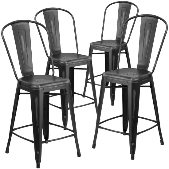 Emma and Oliver Commercial Grade 4 Pack 24" High Distressed Metal Indoor-Outdoor Counter Height Stool with Back Black {1}