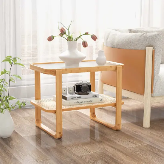 Costway Bamboo Side Table with Rattan Shelf Glass Top Nightstand Small Sofa End Table {3}