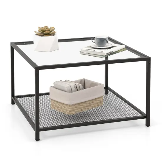 Costway Glass Coffee Table 27.5 Inch 2-Tier Square with Mesh Shelf Living Room Grey/Transparent {8}