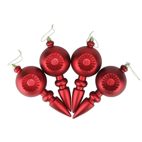 DAK 4ct Matte Red Hot Retro Reflector Shatterproof Christmas Finial Ornaments 7.5" {3}