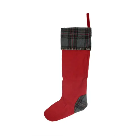 CC Christmas Decor 28" Rustic Chic Red Decorative Wool Christmas Stocking with Gray Plaid Cuff {1}
