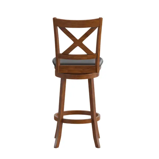 Merrick Lane Sora 30" Classic Wooden Crossback Swivel Bar Height Pub Stool with Upholstered Padded Seat and Integrated Footrest Antique Oak/Black {4}