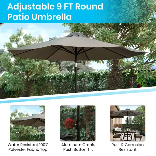 Merrick Lane Bali 9' Round UV Resistant Outdoor Patio Umbrella With Height Lever And 33&deg; Push Button Tilt Gray {2}