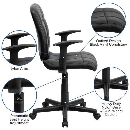 Emma and Oliver Mid-Back Quilted Vinyl Swivel Task Office Chair with Arms Black {2}