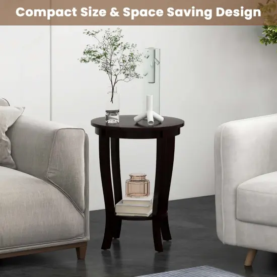 Costway 2 PCS 2-Tier End Table 18'' Round Compact Sofa Side Nightstand with Storage Shelf Espresso/White {6}