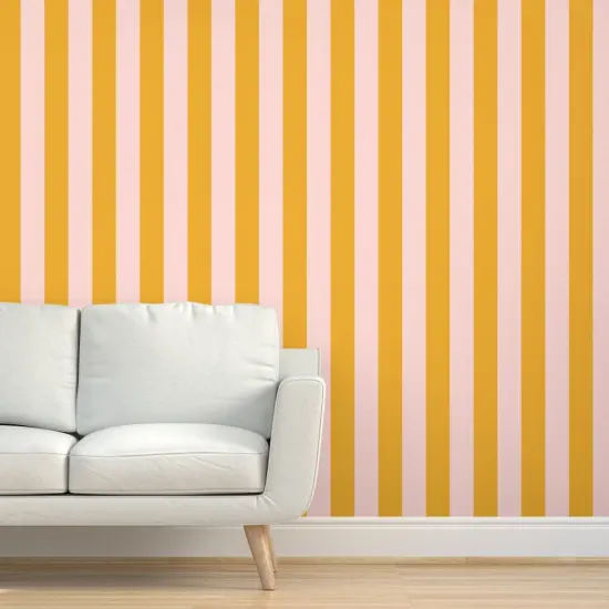 Peel & Stick Wallpaper 2FT Wide Pink Bold Stripe Yellow Coastal Beach Citrus Lemon Candy Large Scale Custom Removable Wallpaper by Spoonflower {5}