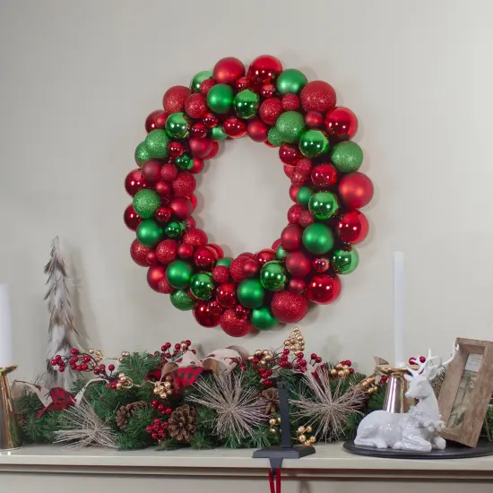 Northlight 3-Finish Shatterproof Ball Christmas Wreath - 24" - Red and Green - Unlit {3}
