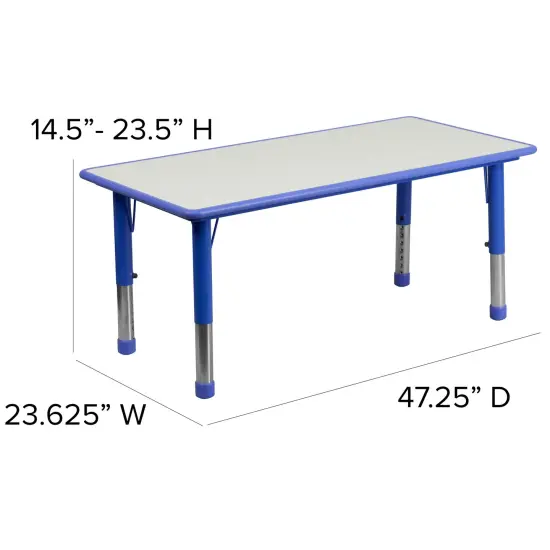 Emma and Oliver 23.625"W x 47.25"L Rectangular Plastic Height Adjustable Activity Table Set with 4 Chairs Blue {3}