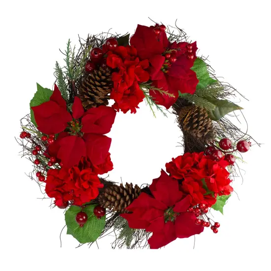 Northlight Poinsettia and Hydrangea Artificial Christmas Wreath - 24" - Unlit Red {1}