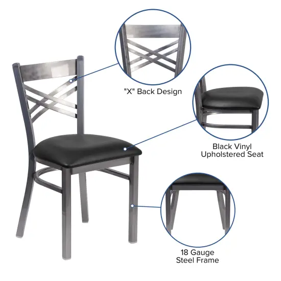 Emma and Oliver Clear Coated "X" Back Metal Restaurant Dining Chair BlackVYL/ClearCoated {2}