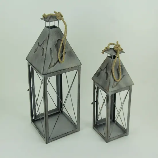 Vintage Grey Metal Bird On Branch Square Candle Lantern Set of 2 {4}