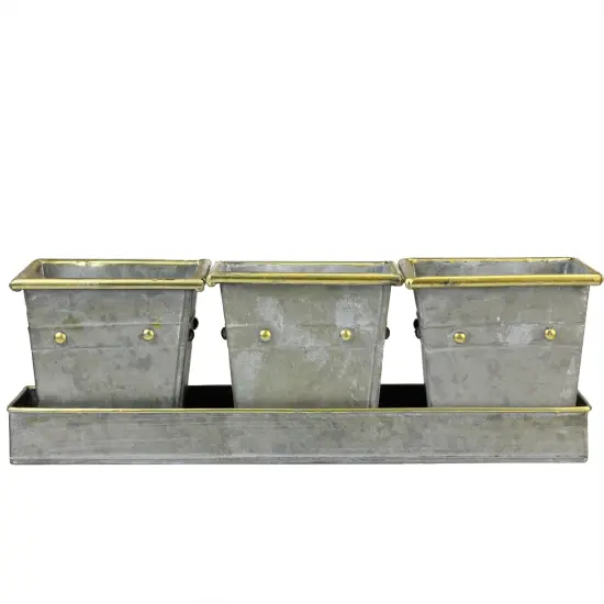 Melrose Set of 3 Decorative Gray Square Pots with Gold Colored Accents in a Tray 15.5" {3}