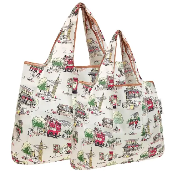 Wrapables Large & Small Foldable Tote Nylon Reusable Grocery Bags, Set of 2 Cool Cats {6}